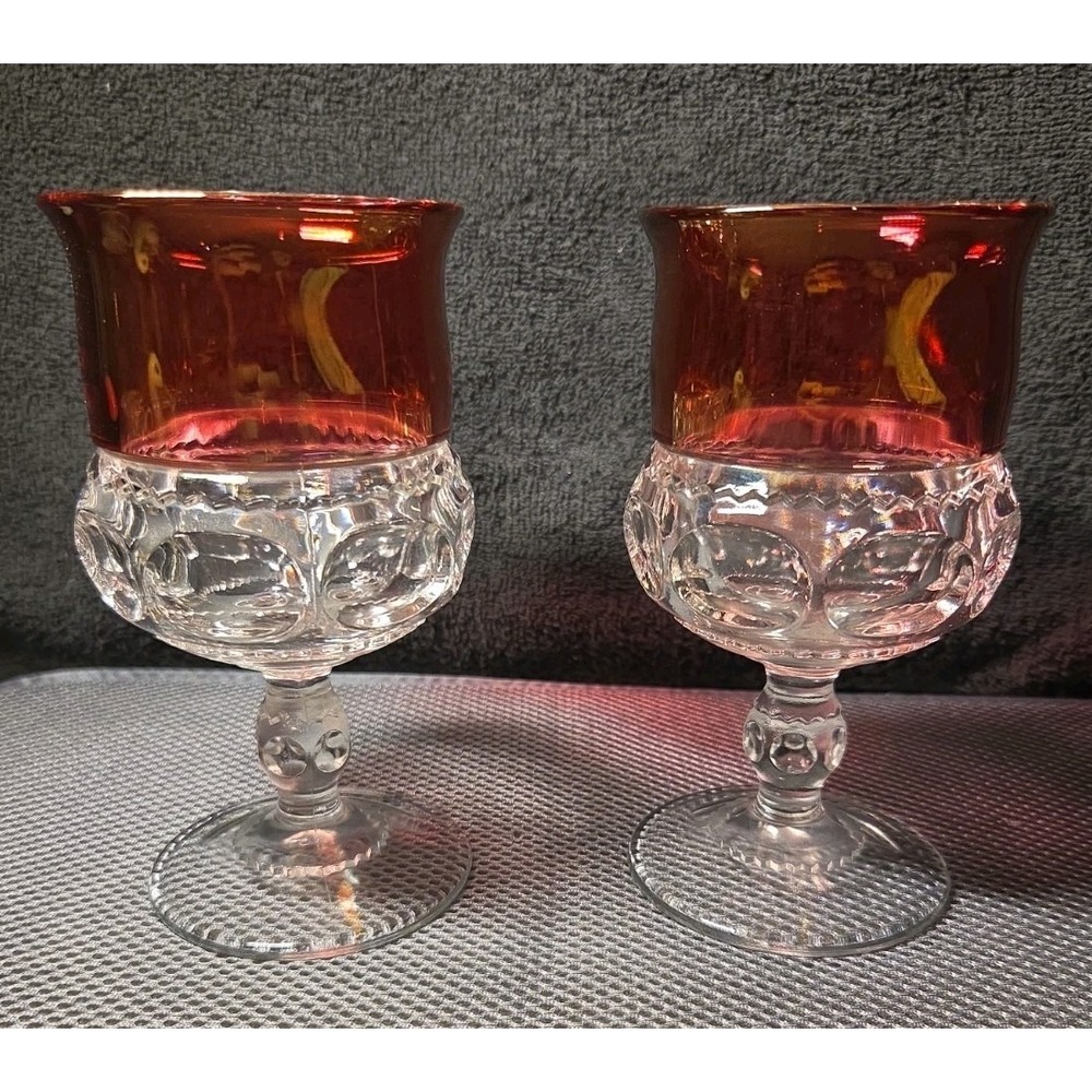 Set Of 2 vntg King's Crown Ruby Flashed Thumbprint goblet or wine glass